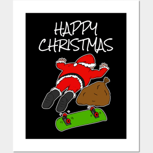 Skateboarding Santa Fallen Off Skateboard Funny Christmas Posters and Art